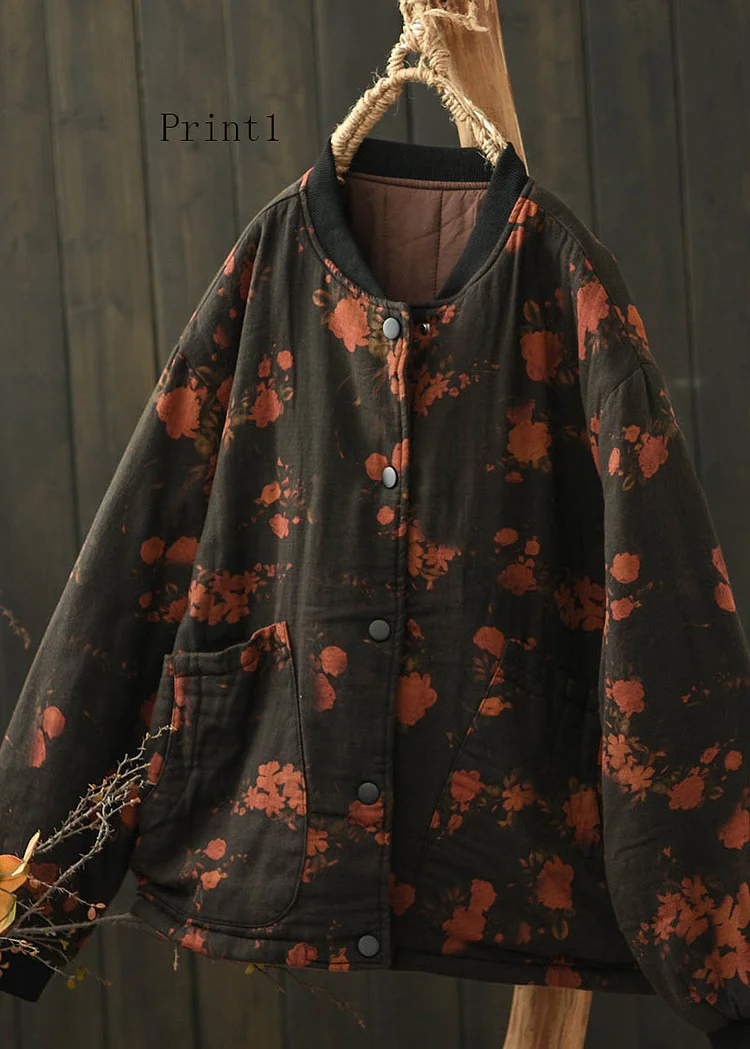 Vintage Stand Collar Pockets Print Fine Cotton Filled Coat Spring