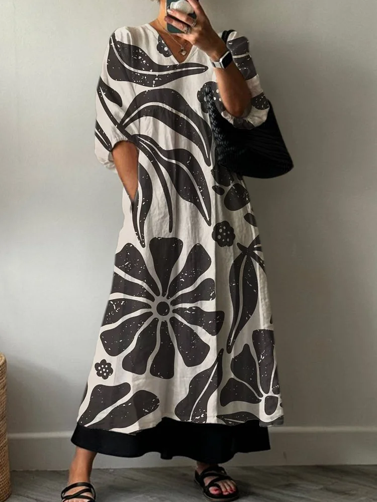 Retro Print Pocket V-neck Cotton Dress
