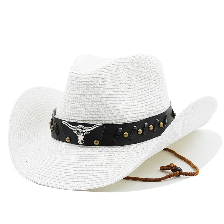 Western Foldable Bullhead Studded Belt Straw Hat