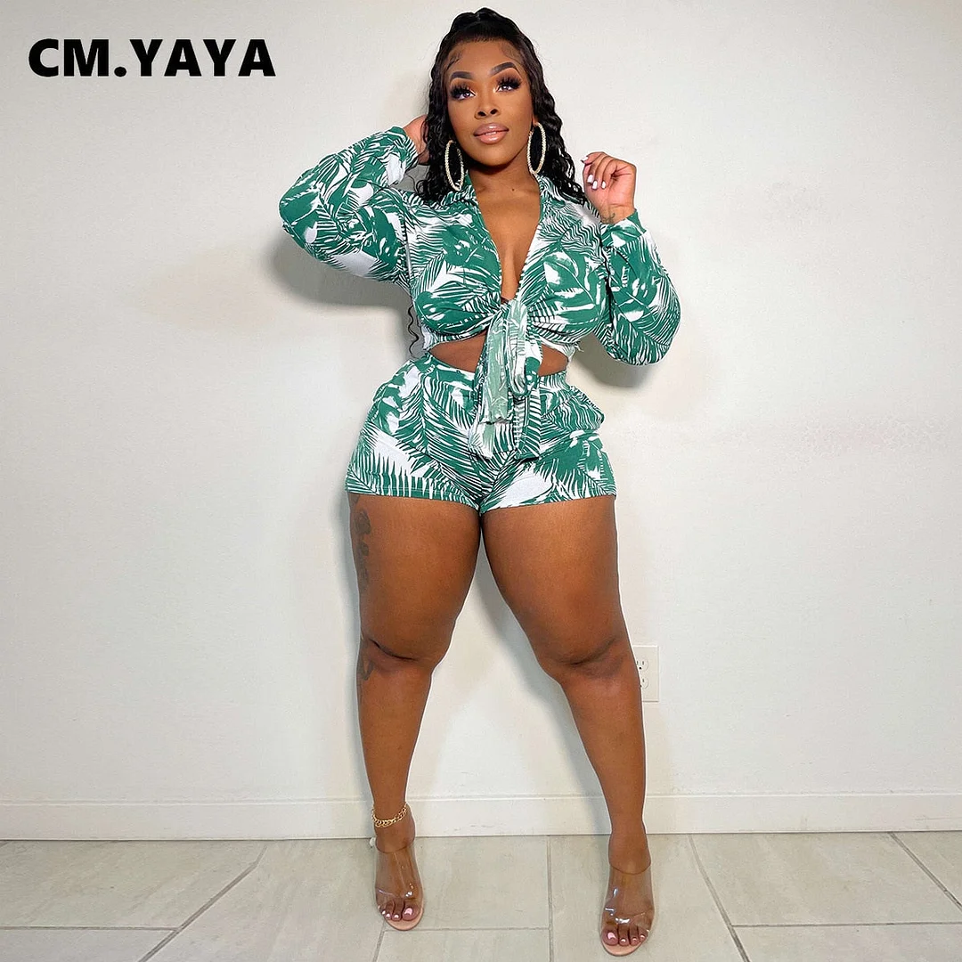 CM.YAYA Elegant Beach Leaf Women Two 2 Piece Set Outfits Sweatsuit 2022 Summer Shirt and Shorts Holiday Matching Set Tracksuit