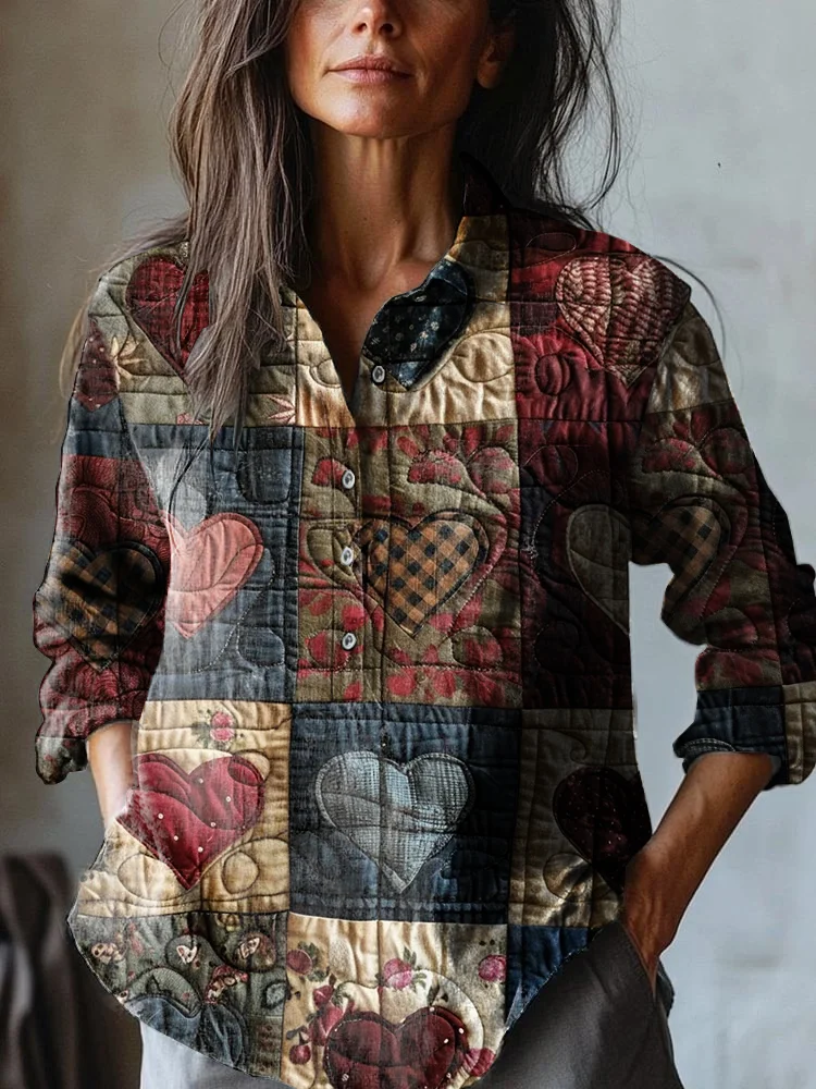 Women's Valentine's Day Heart Printed Casual Cotton and Linen Shirt