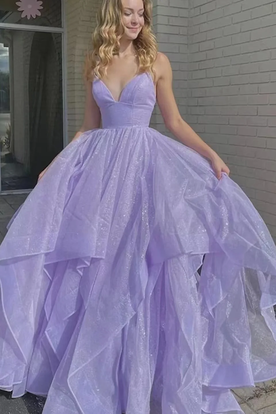 Lilac Spaghetti-Strap V-Neck A-Line Long Prom Dress With Tulle ED0257