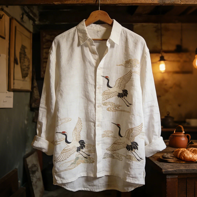 Men's Flying Crane Japanese Art Print Long Sleeve Shirt  artssus