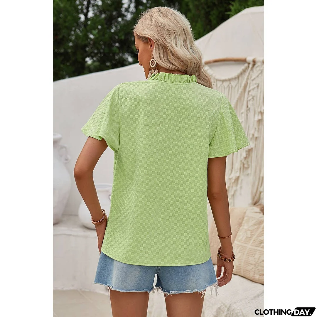 Plaid Button V Ruffle Neck Loose Blouse