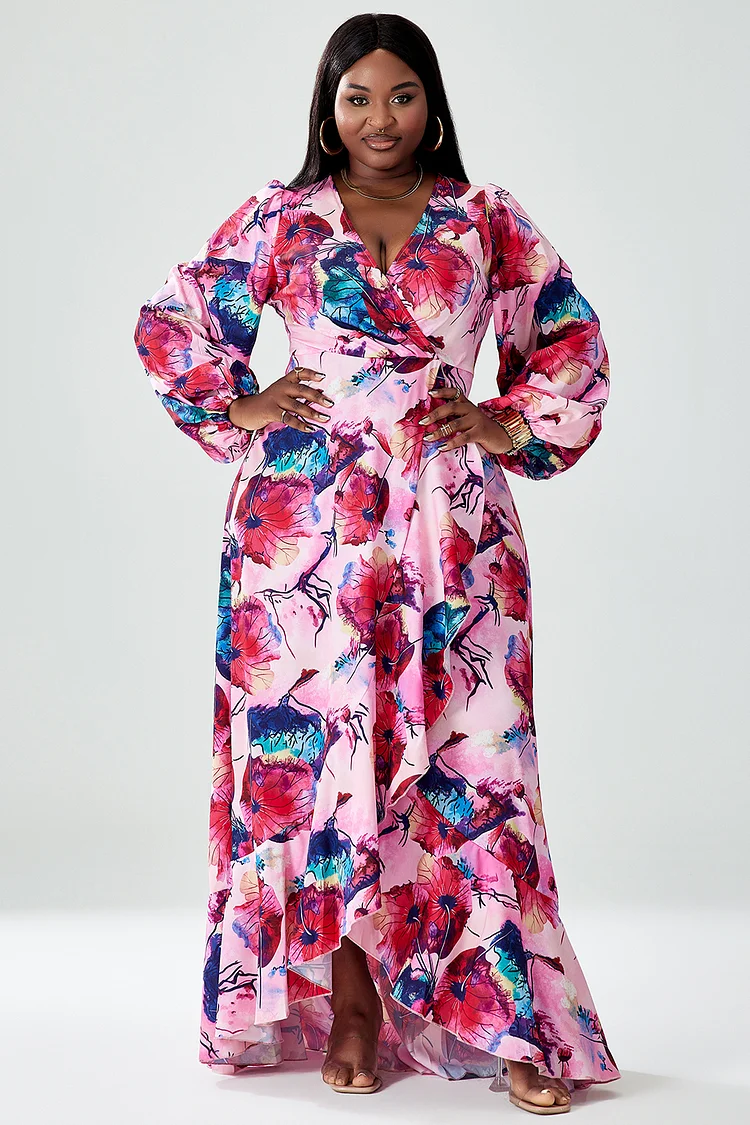 Xpluswear Design Plus Size Vacation Floral Print V Neck Ballon Sleeve Maxi Dress 