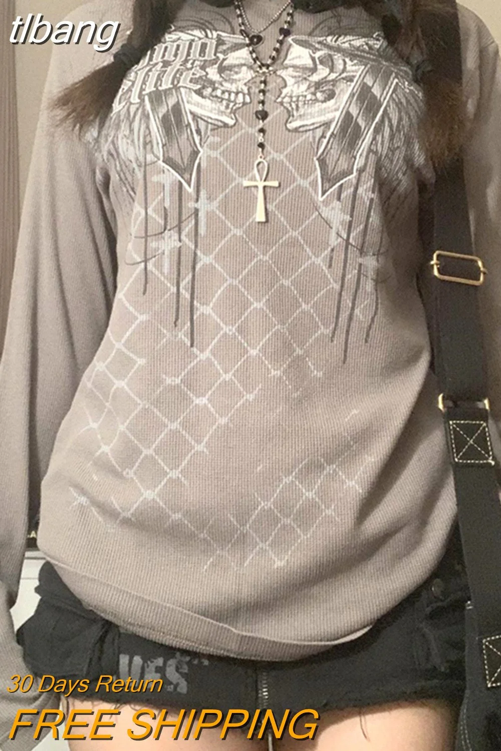 tlbang 2000s Fairy Grunge T Shirt y2k Women Punk Gothic Clothes Skull Print Long Sleeve Tops Autumn Basic E Girl Clothing