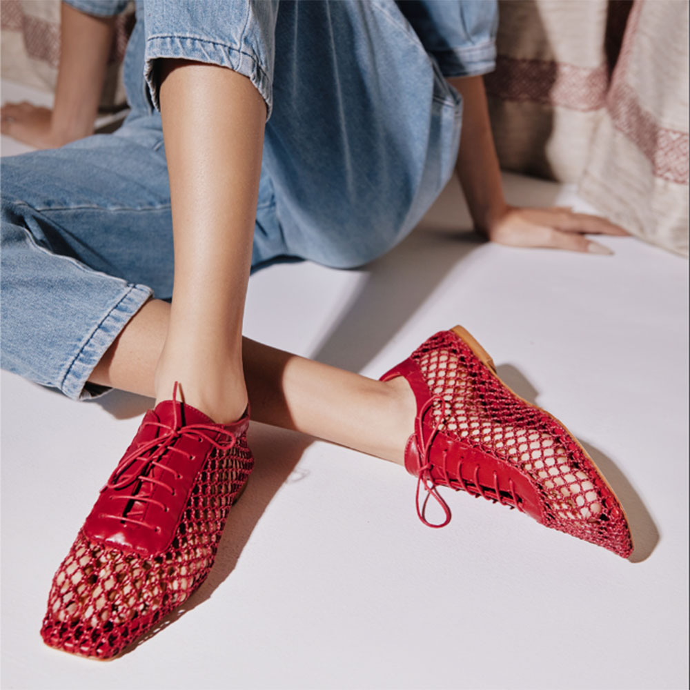 Red Mesh Sophisticated Square Toe Flats Woven Lace-Up Shoes Nicepairs