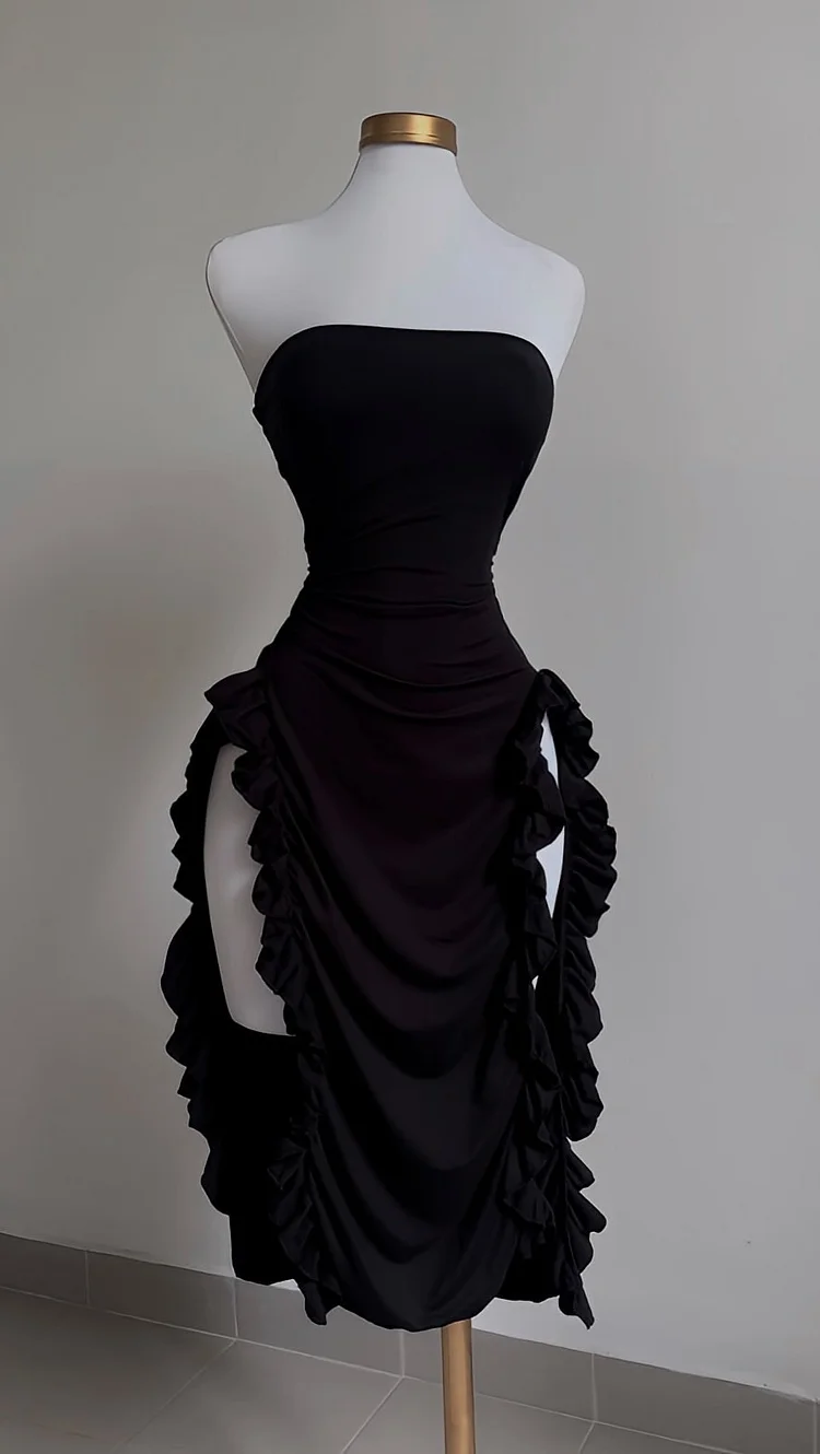 Black Strapless Ruffled Slit Satin Dress