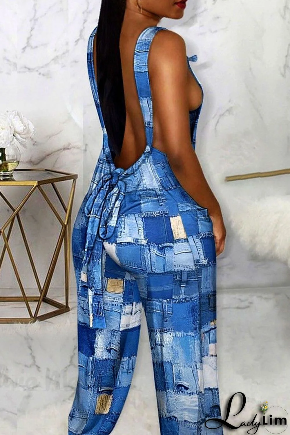 Blue Sexy Print Patchwork Backless Straight Jumpsuits
