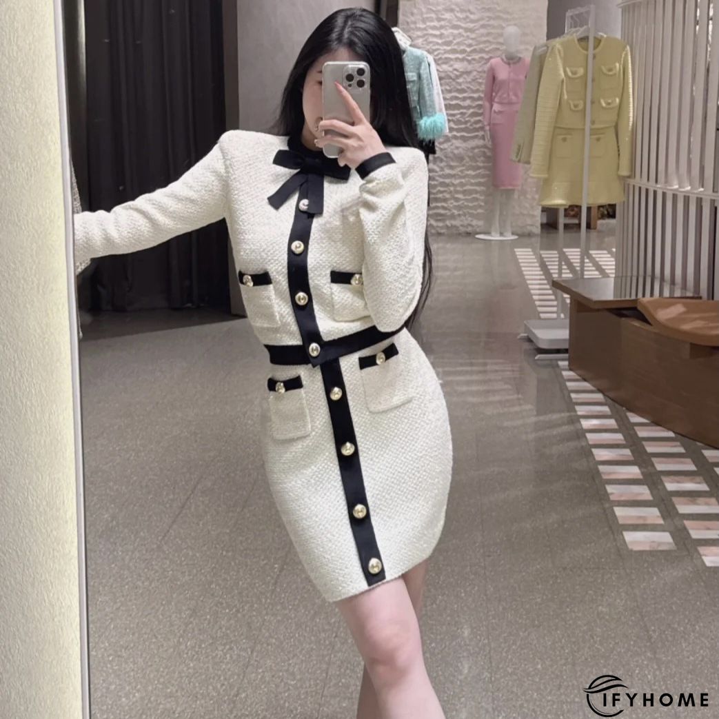 Elegant Crew Neck Color Block Buttoned Flouncing  Jacket | IFYHOME