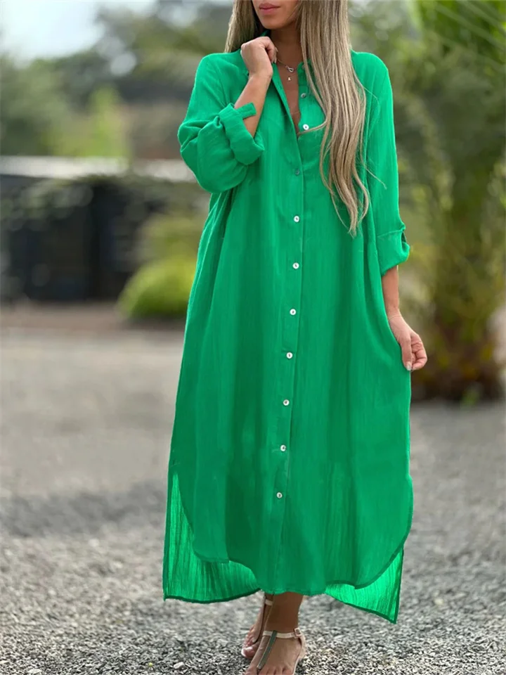 Women's Dresses Cotton Linen Shirt Dresses Long Skirt Fashion Casual Long-sleeved Cardigan Dress-JRSEE