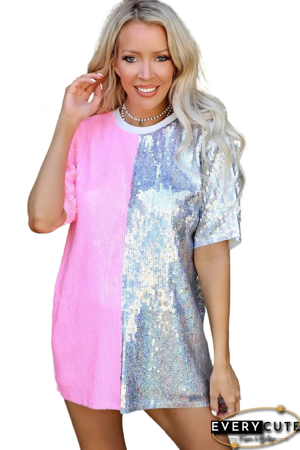 Pink Sequin Color Block Half Sleeve Shift Mini Dress