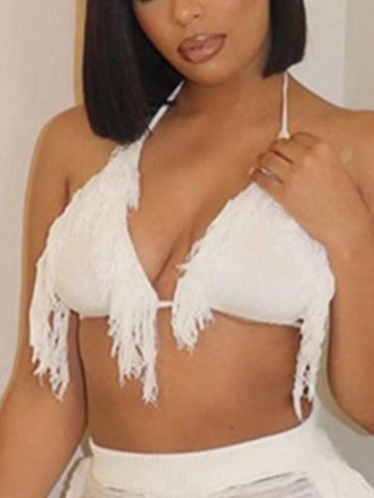 Jacuqeline Beach Sexy High Waist Y2K Wide Leg Pants Women Fashion Tassel Knit Sets Hollow Out Long Trousers And Tops 2022 Summer