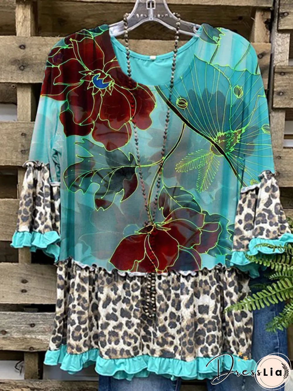 Leopard Floral Crew Neck Shift Jersey Pastoral T-shirt