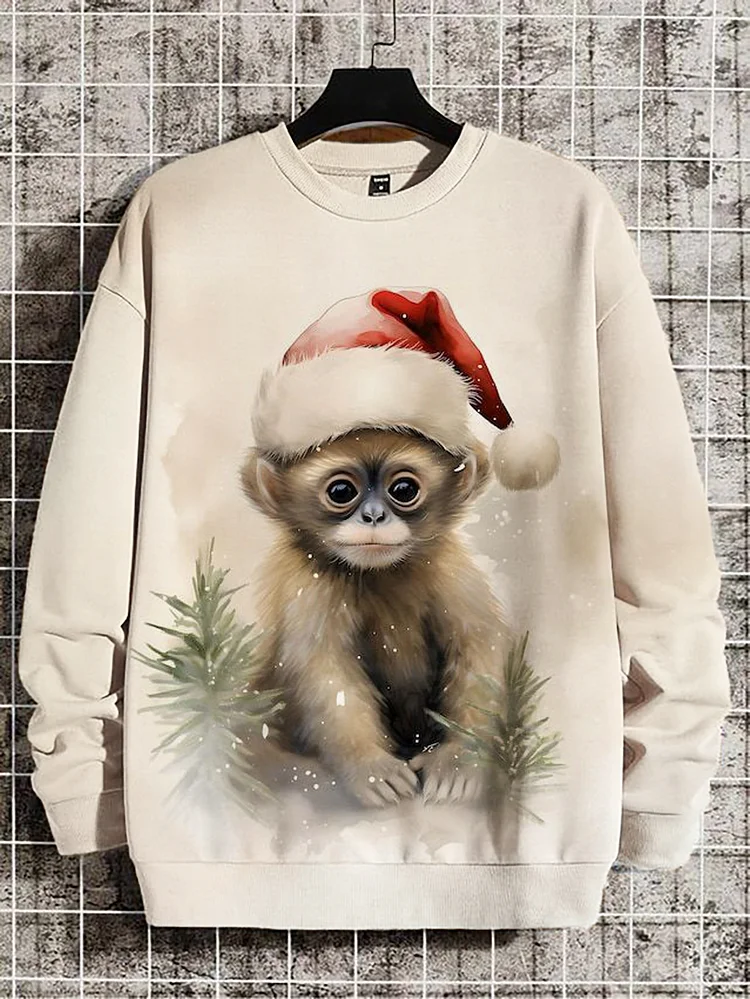 Men's Little Monkey Christmas Hat Print Casual Sweatshirt