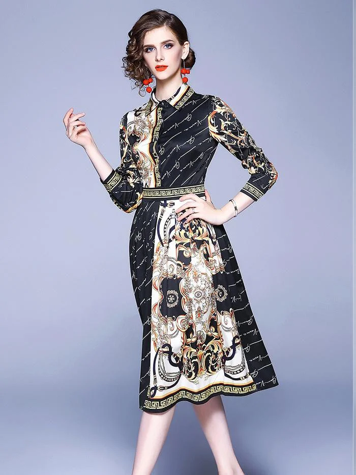 Fashion printed long-sleeved mid-length slim dress
