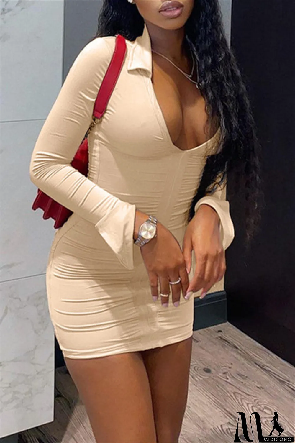 MidiSono - Apricot Fashion Sexy Solid Slit Turndown Collar Long Sleeve Dresses