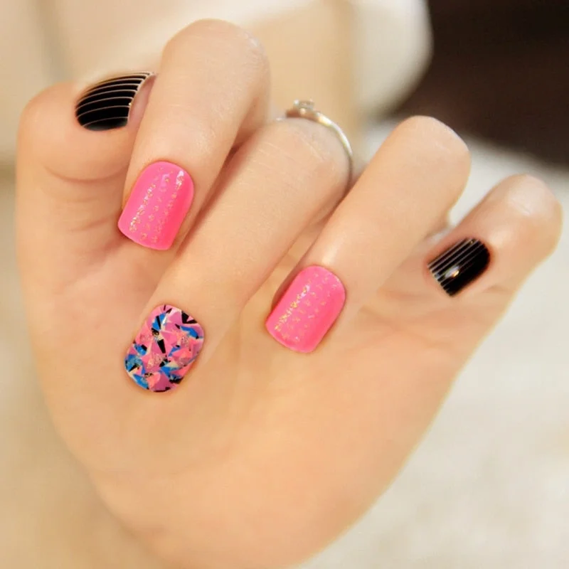 Medium size Marble Fake Nails Square Dark Pink Ladies Acrylic DIY Nail Art Tips Pre-designed Nails with Glue sticker-Nail Inspo