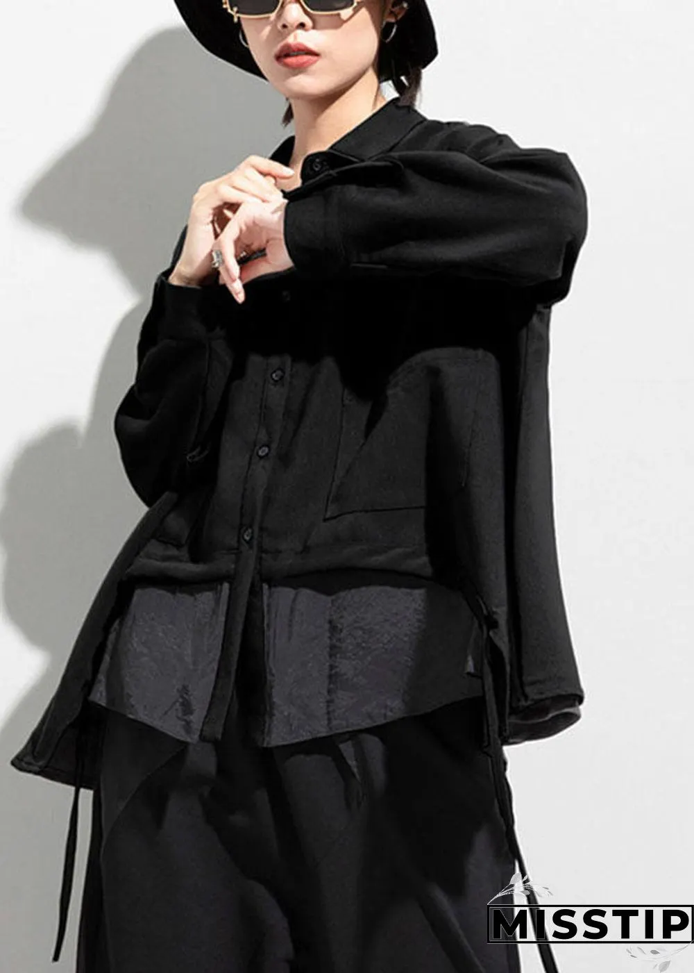 Boho Black Black Button asymmetrical design Fall Long sleeve Coat