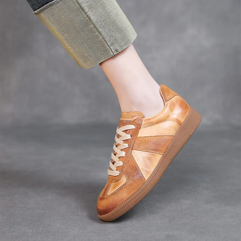 Yyvonne Layer Of Cowhide Leather Hand Retro Training Casual Shoes Spring And Autumn New Round Head Flat Soft Bottom Tie