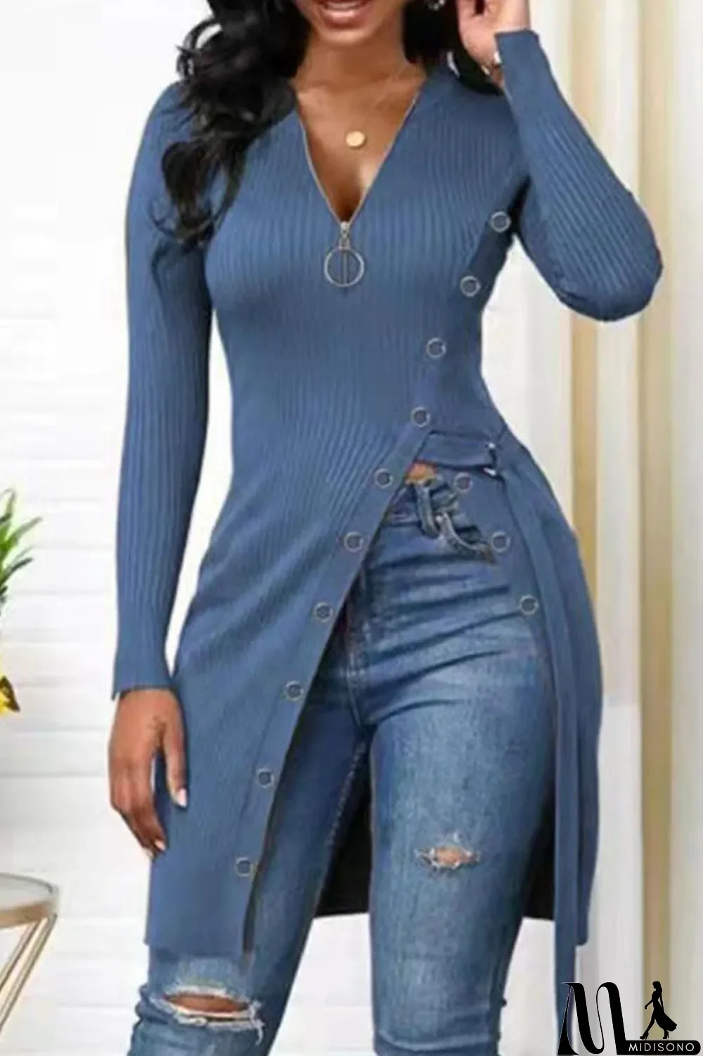 MidiSono - Light Blue Fashion Casual Solid Patchwork V Neck Tops