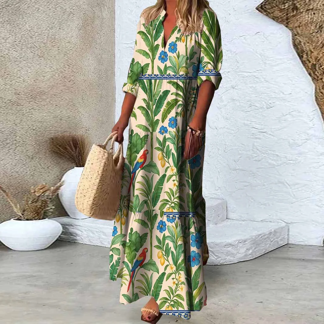 Women Tropical, Green DZDN0087 SPU Printed Long Sleeve V-neck Maxi Dress