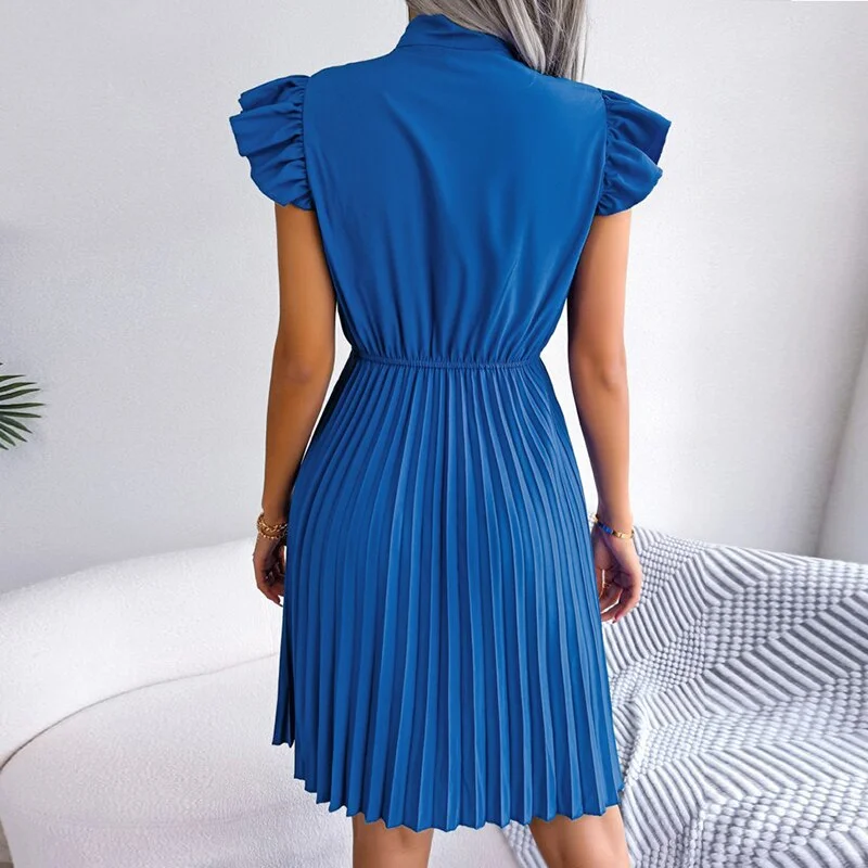 Huibahe Stand Collar Lace-up Elegant Dress Fashion Solid Fold Pleated Dress Women Summer 2023 Lotus Leaf Sleeve Beach Party Dresses