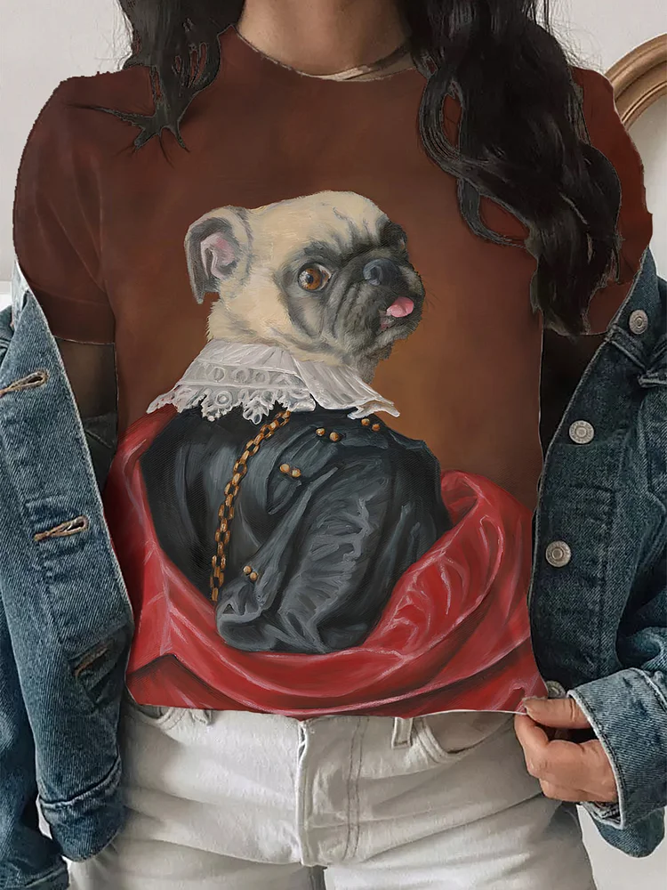 Women's Elegant Vintage Bulldog Illustration Print Casual T-Shirt