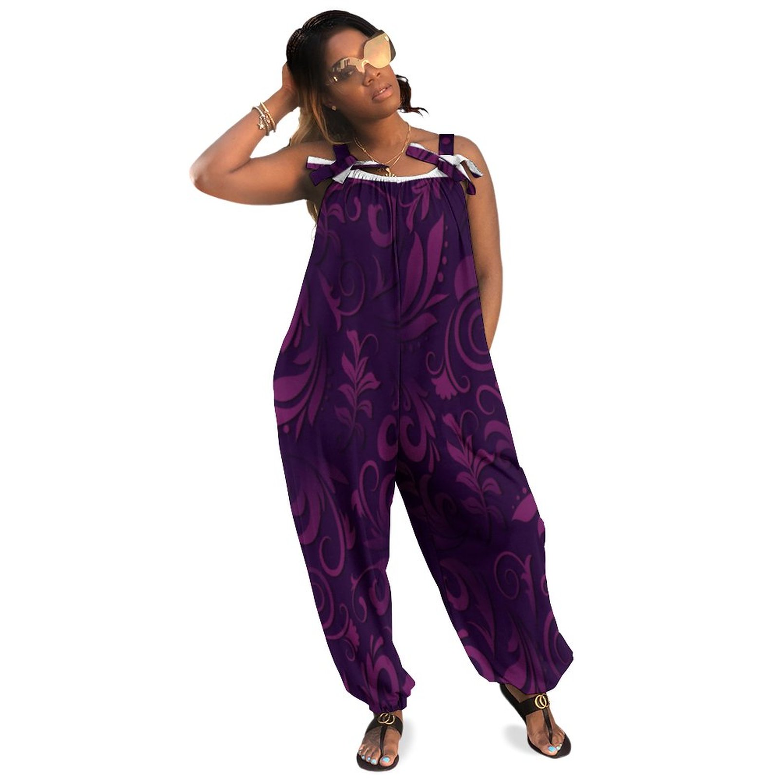 Purple With Floral Design Pattern Women Plus Size Jumpsuit Summer Loose Harem Pants Casual Playsuit Oversized Romper Sequin Jumpsuit Long Length Polyester Spandex