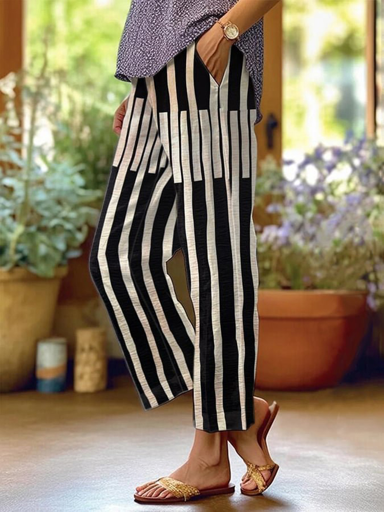 Comstylish Vintage Black And White Stripes Linen Loose Cozy Pants