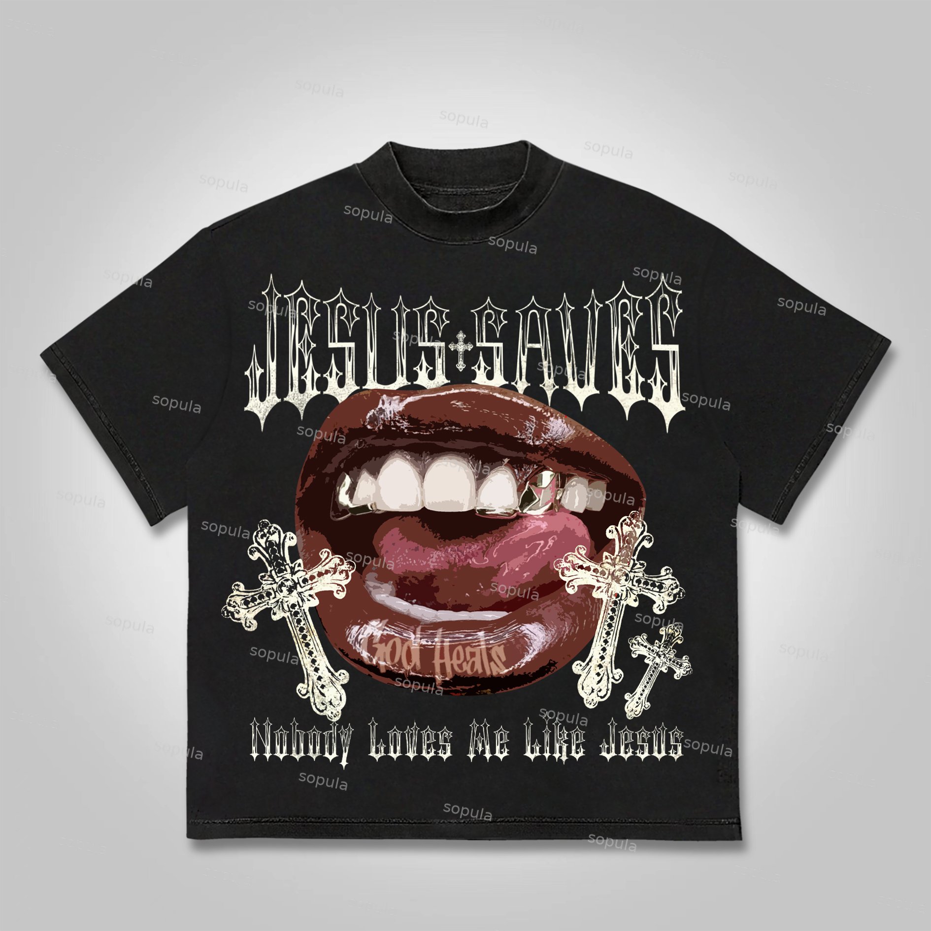 Sopula Jesus Saves Lips Cross Graphic Cotton T-shirt - SOPULA