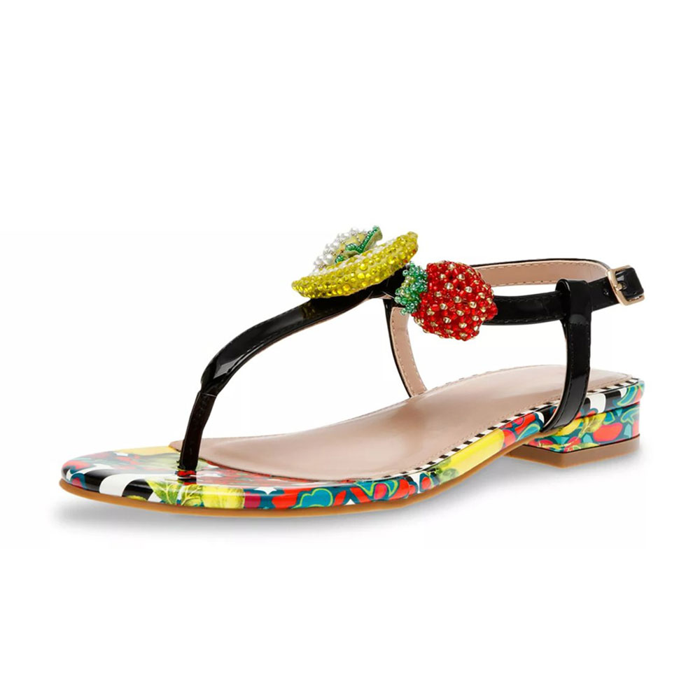 Classic Black Round Toe Beaded Buckle Flat Flip Flop Summer Sandals Nicepairs