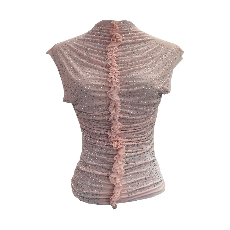 Uveng Drilling Sleeveless Vest Wearing Half-High Neck Net Yarn Slime Folded T-Shirt Blouse Female 2589
