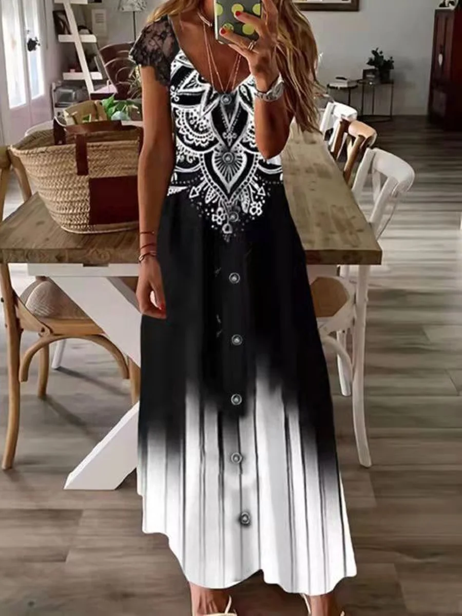 Fashion V-Neck Gradient Print Long Lace Dress