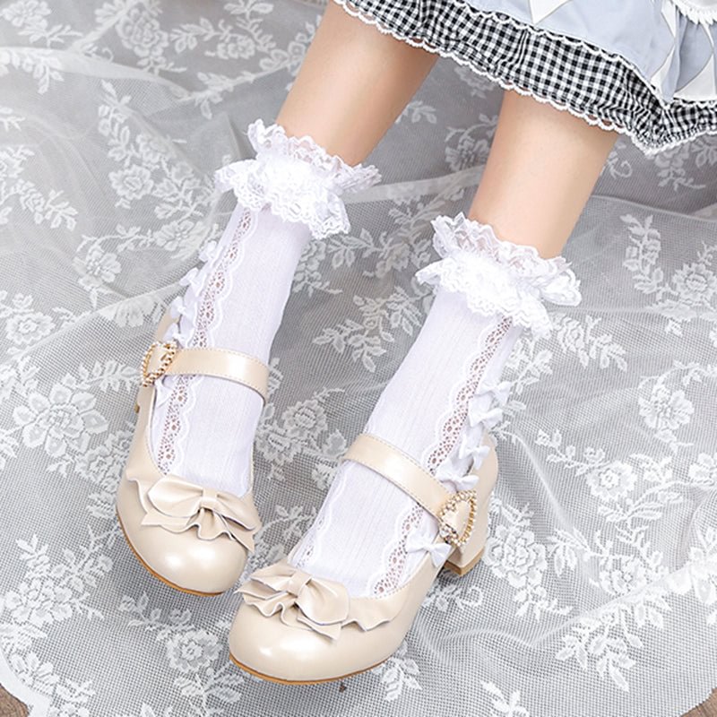 Kawaii Bowknot JK Uniform Lolita Shoes Woman Patent Leather Pearl Mary Jane Shoes For Women High Heels Ankle Strap Pumps