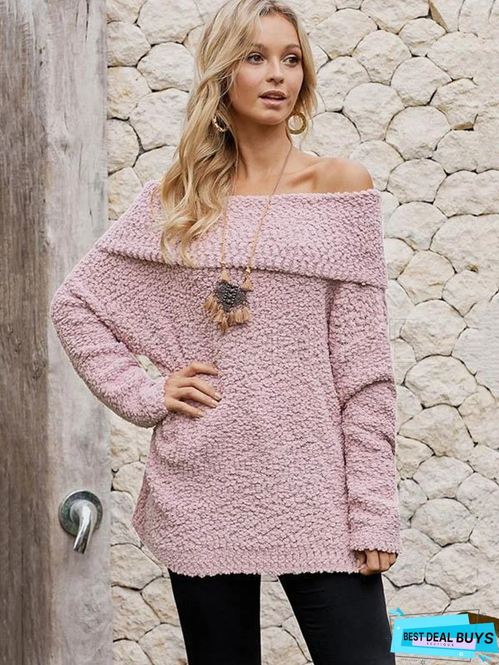 Plain One-Shoulder Collar Velvet Sweater