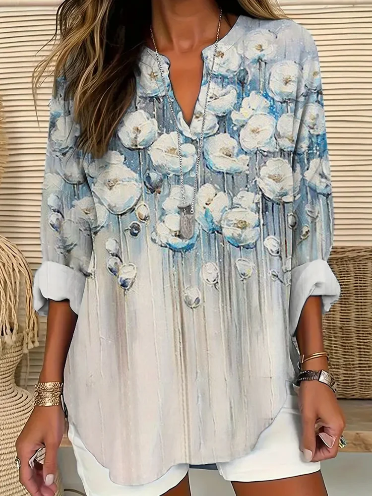Oil Painting Floral Art Linen V-Neck Shirt