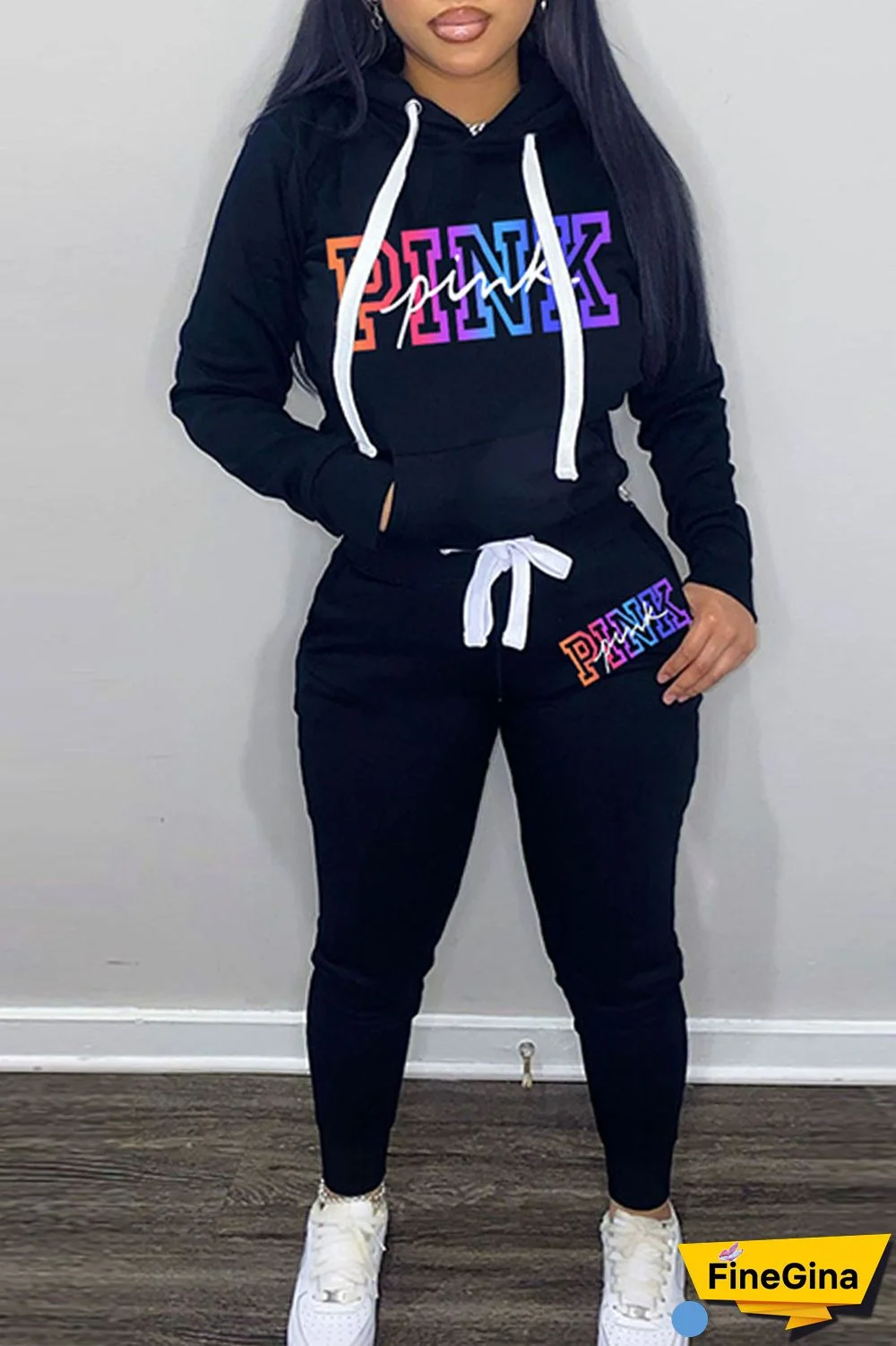 Light Gray Casual Letter Print Patchwork Hooded Collar Long Sleeve Two Pieces