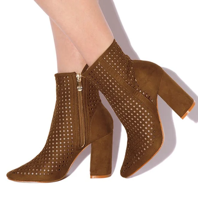 Retro Brown Boots Fashion Vegan Suede Hollow Out Pointy Toe Ankle Boots |FSJ Shoes