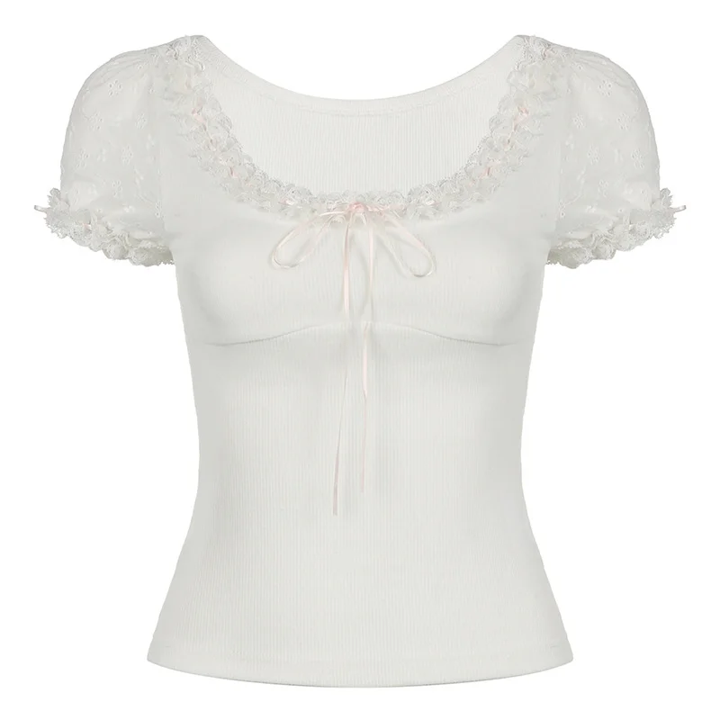 Ueong Lace Collar, Bang Color Tie, Bow Tie, Slim, Thin Knitted Blouse, Bubble Short-Sleeved T-Shirt