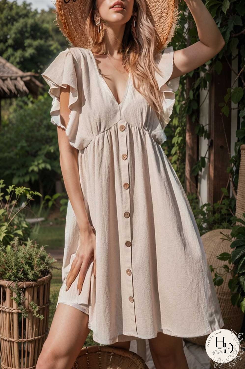 v neck button up all match fashion mini dress