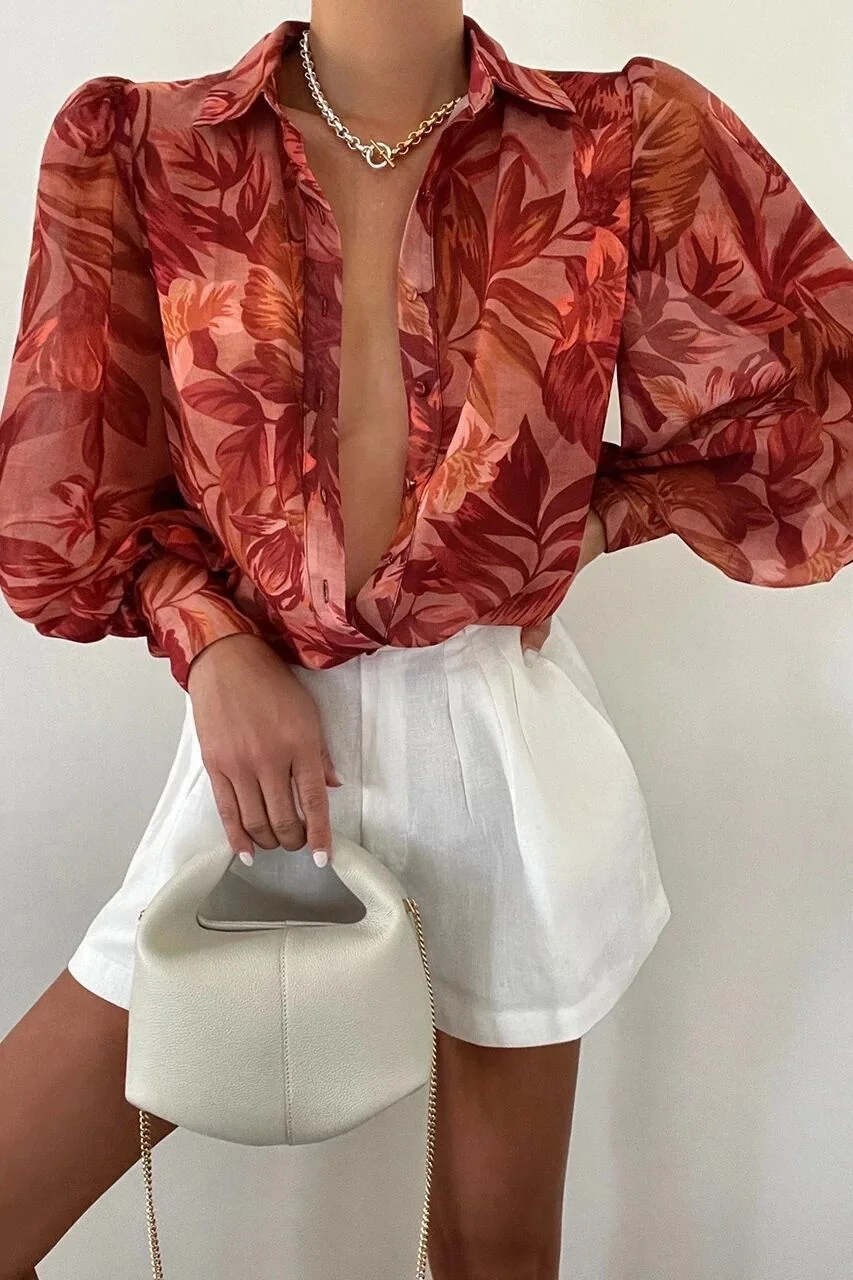 Back to school  Women Elegant Floral Print Puff Long Sleeve V Neck Blouse Spring Summer Office Button Luxury Shirt Vintage Oversized Tops Tunics