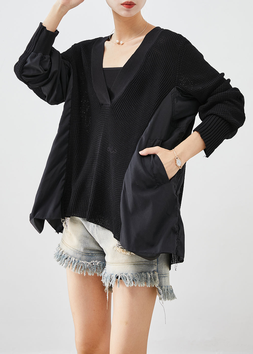VCSHOES Black V Neck Patchwork Wrinkled Knit Tops Batwing Sleeve
