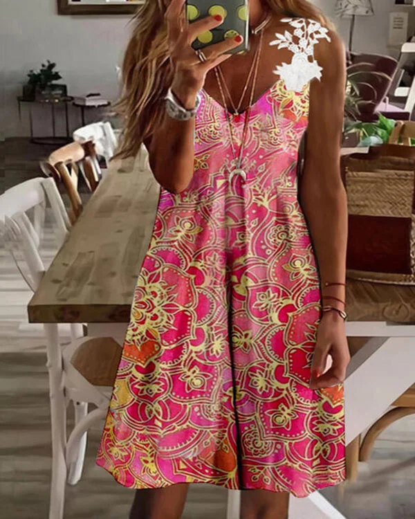 Printed V-Neck Lace Off-the-Shoulder Sexy Dress