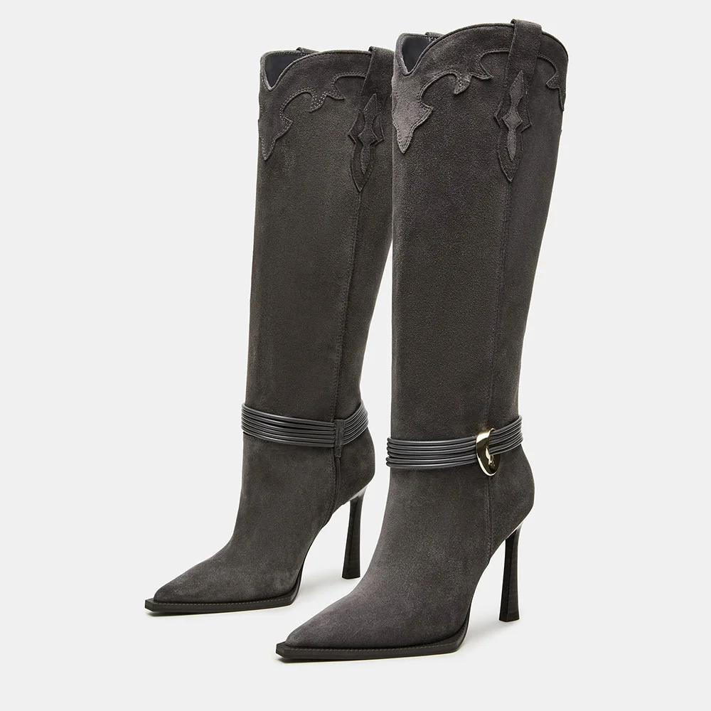 Gray Pointed Toe Patchwork Edge High Heel Western Boots for Women