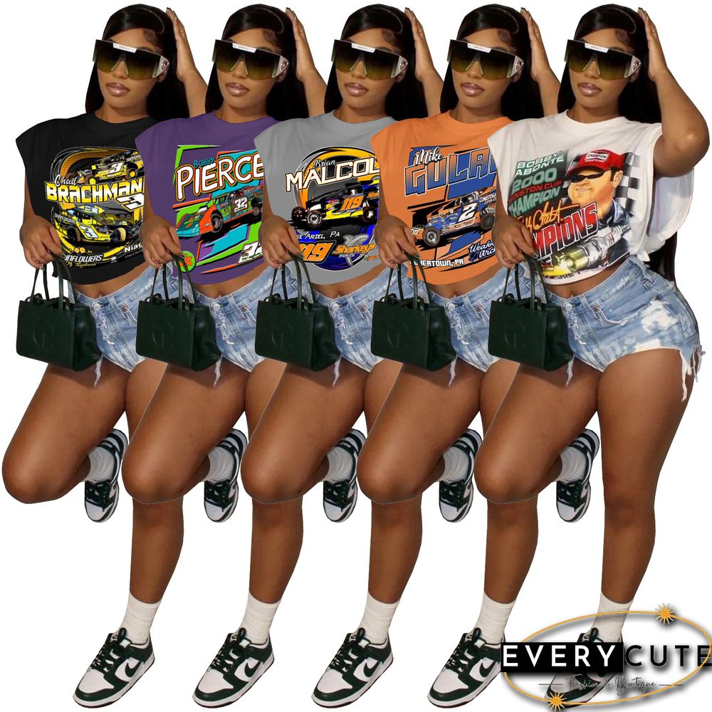 Racing Print Sleeveless Side Cutout T-Shirt Top