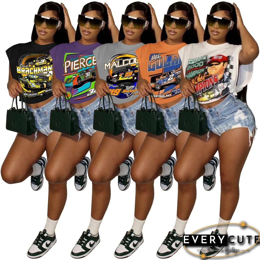 Racing Print Sleeveless Side Cutout T-Shirt Top