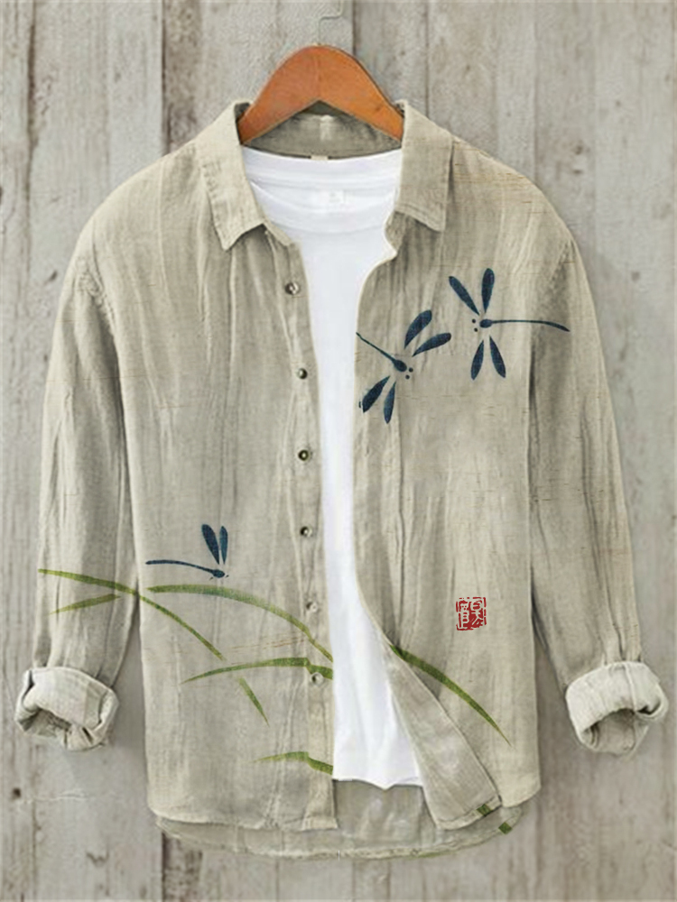 Comstylish Dragonflies of Spring Japanese Art Linen Blend Shirt