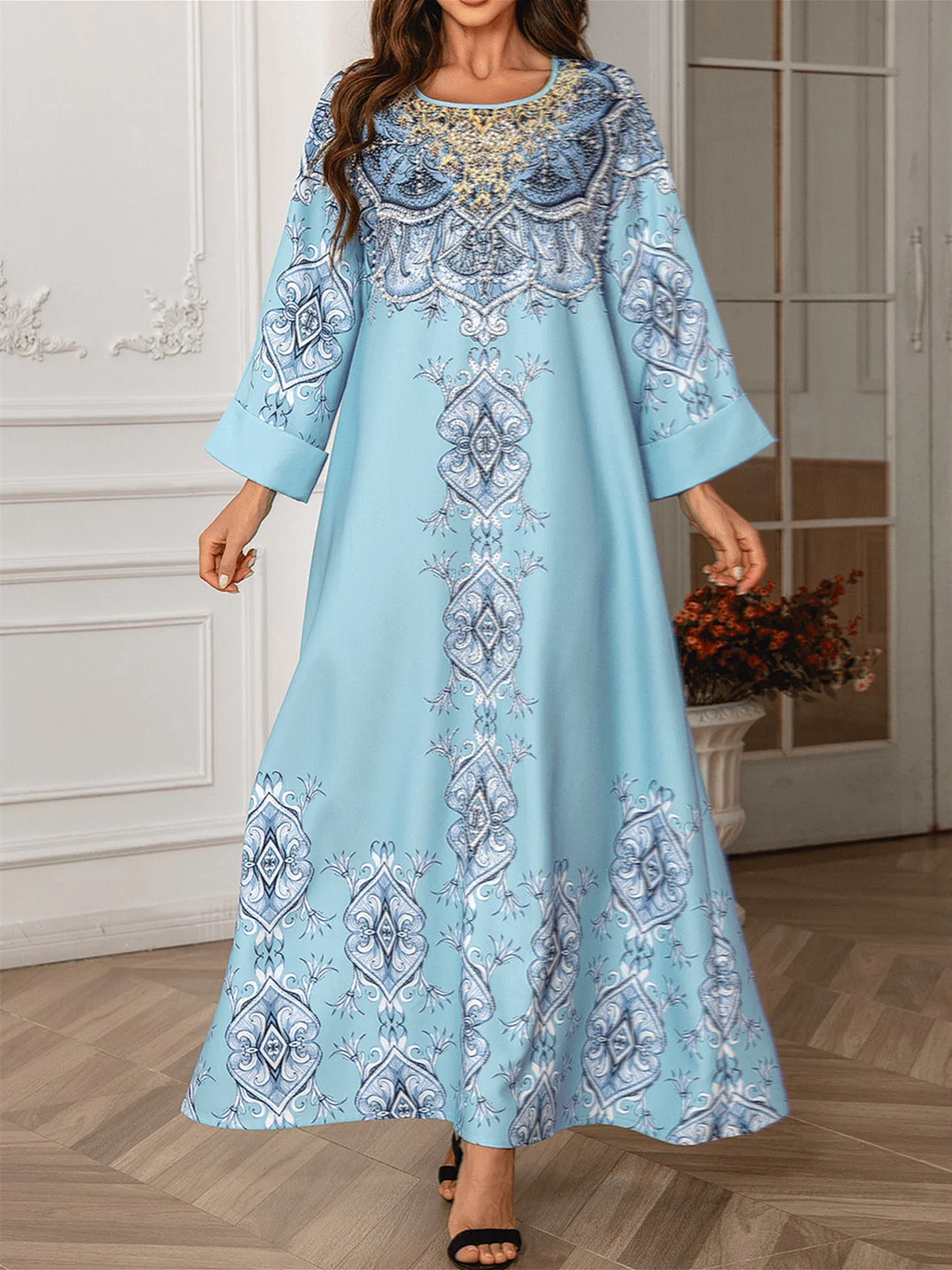 Women's Long Sleeve Scoop Neck Graphic Printed Sequins Maxi Dress