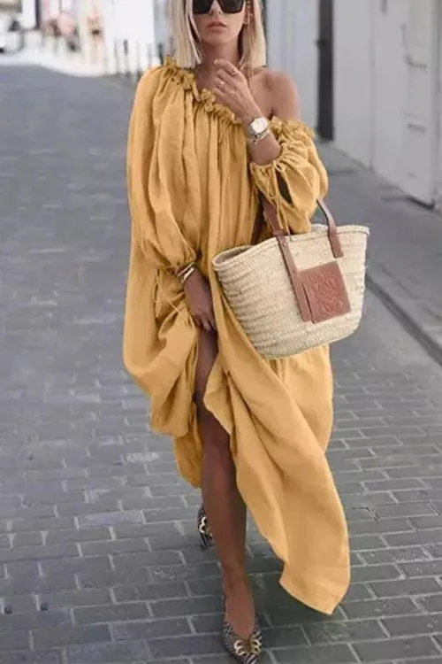 One Shoulder Off Waterfall Dress